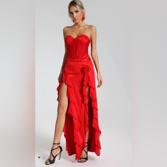 Strapless Flounced Maxi Dress Elegant Red - Picture 5 of 17